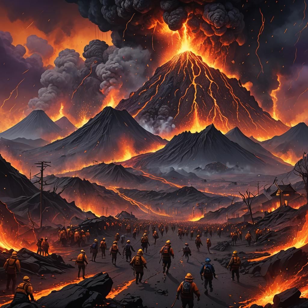 Volcanic Eruption: Villagers Flee in Fantasy Concept Art