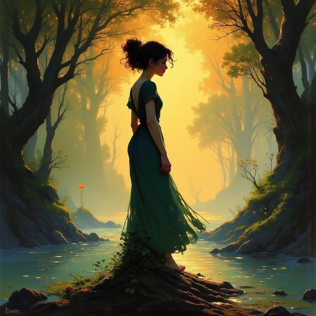 Elemental Woman in Surreal Forest