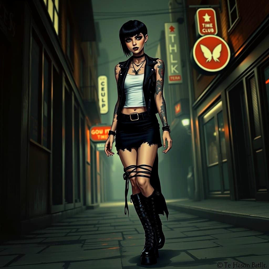 Goth Woman with Tattoos Ready for a Night Out