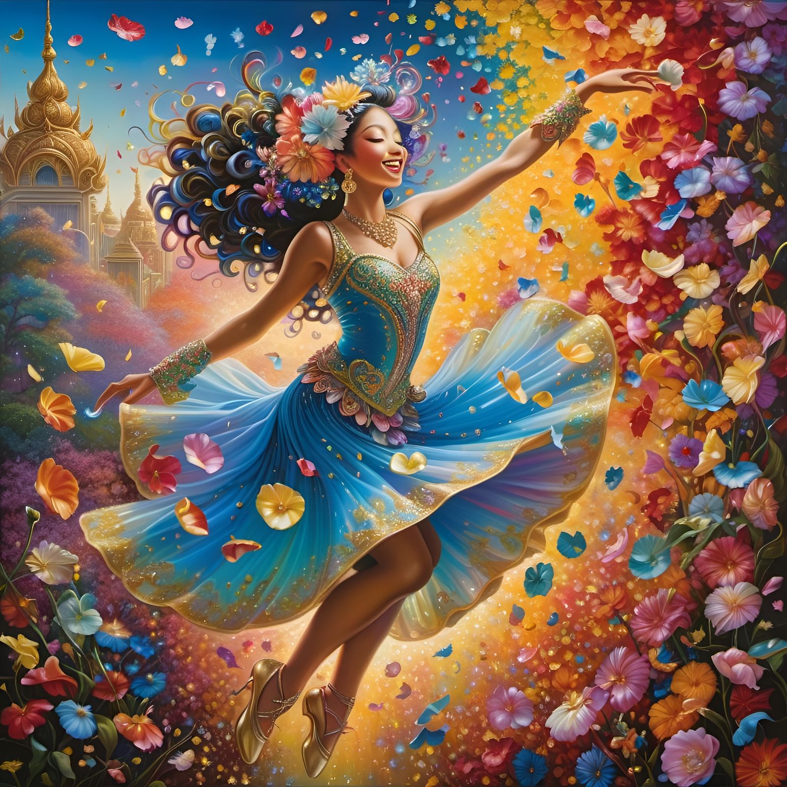 Confetti Petals Rain on Happy Dancer, Illustrative Style