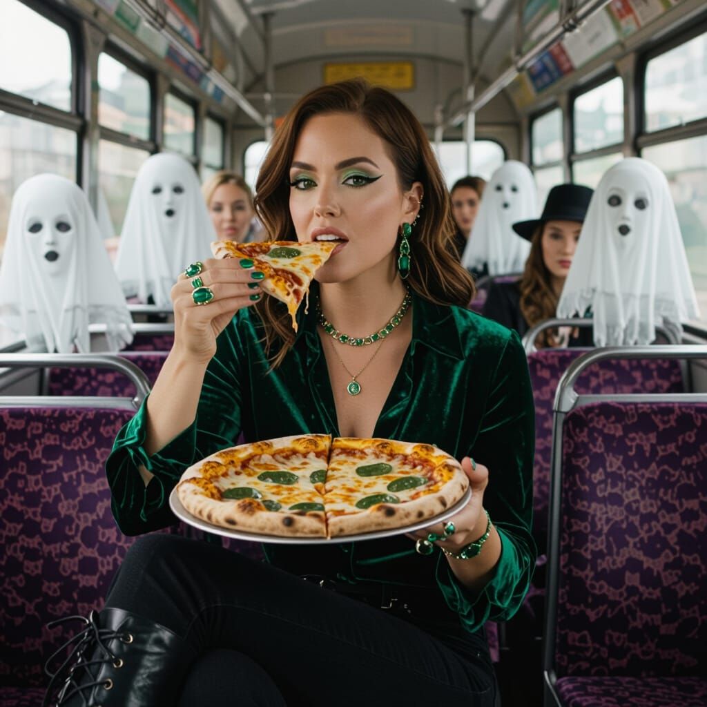 Actress Enjoys Pizza on Bus with Ghostly Passengers
