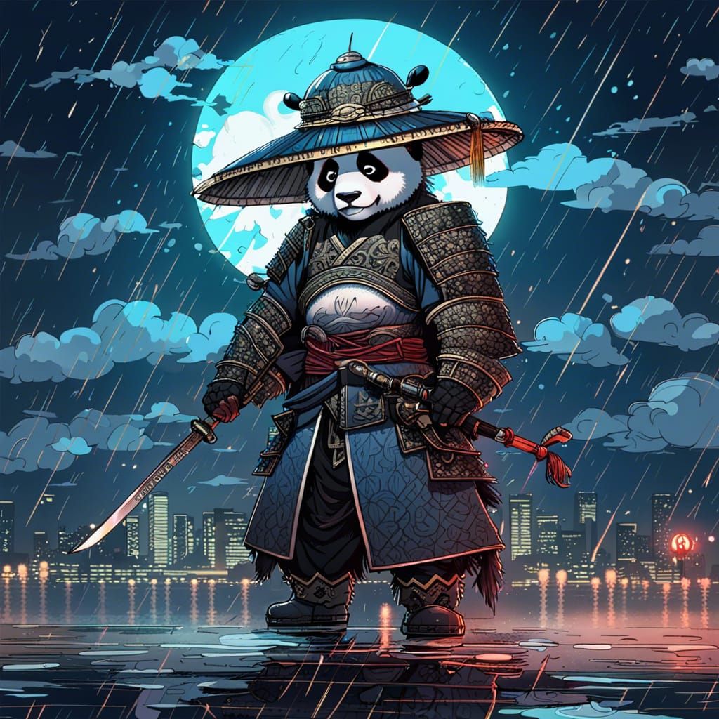 Panda Warrior in Rainy Osaka, Fantasy Art