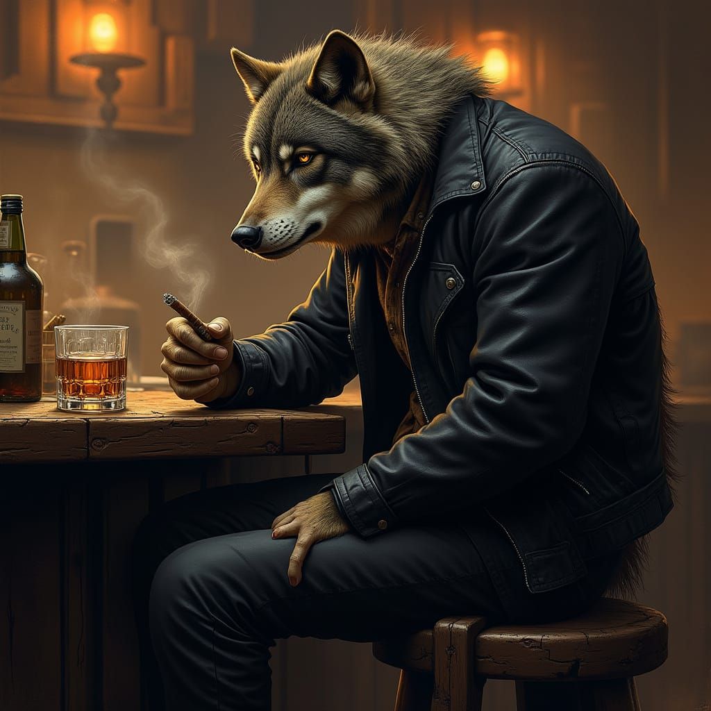 Grizzled Wolf Sits in Gritty Tavern, Smoking and Drinking