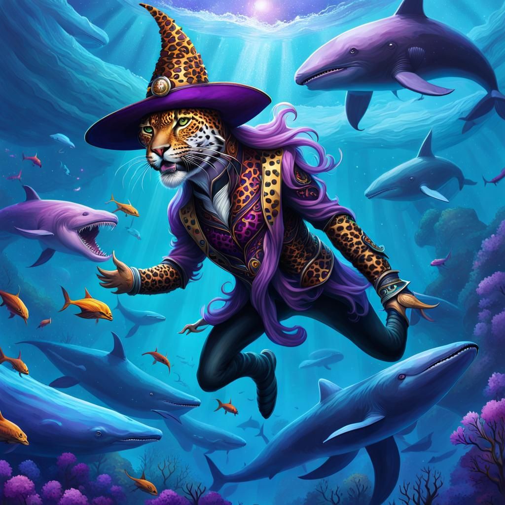 Leopard Humanoid in Witch Hat Diving with Whales