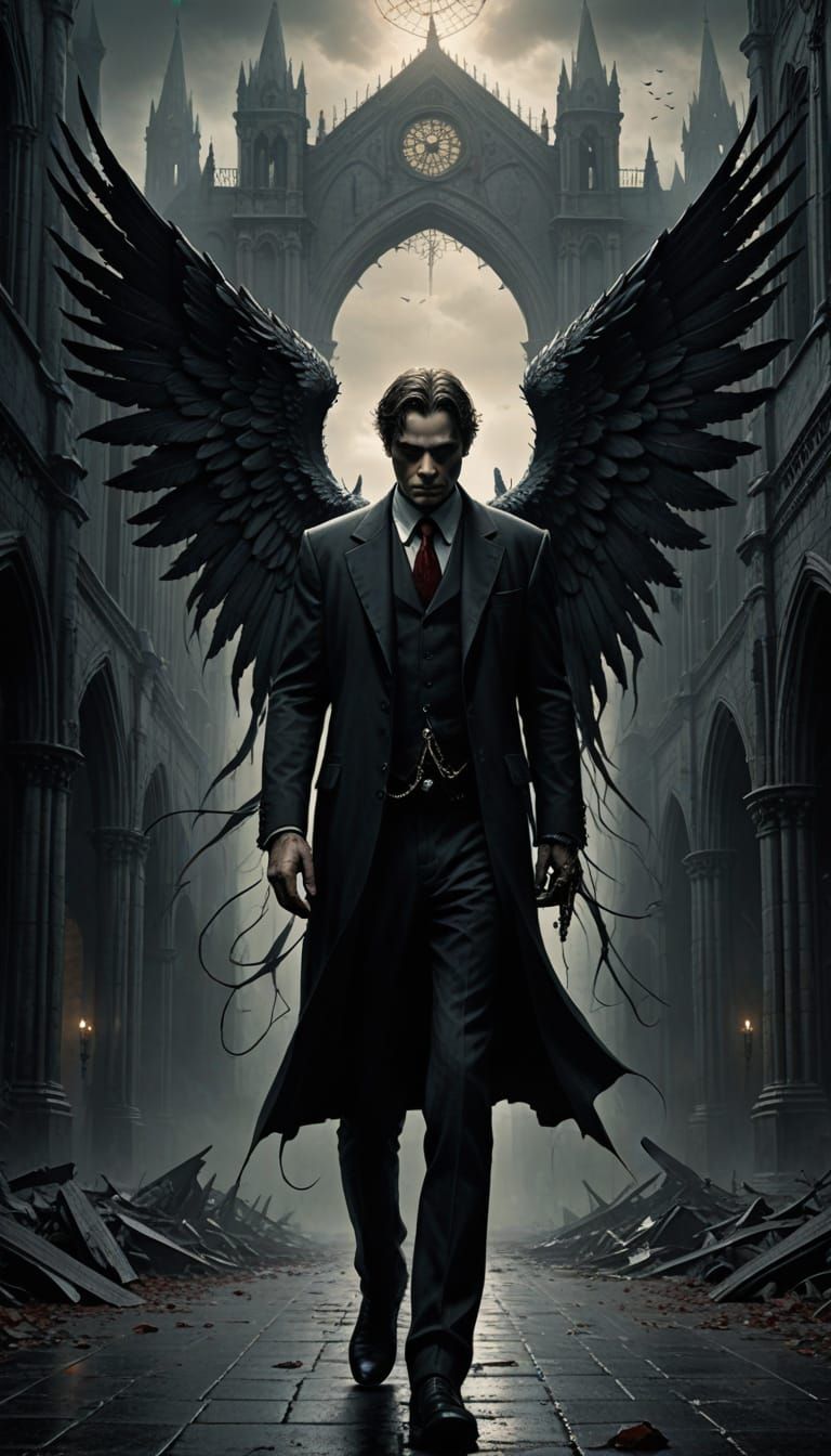 Mysterious Angelic Figure Strolls Through Gothic Shadows