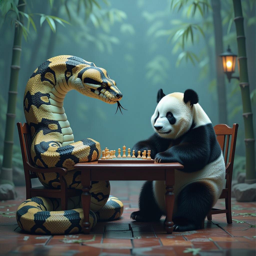 Giant Python and Panda Play Chess in Dramatic Lighting