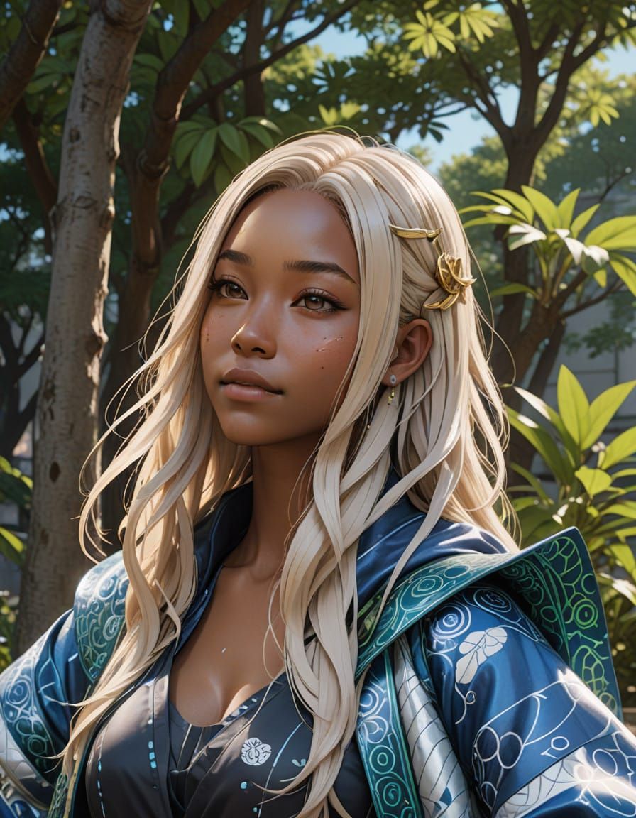 Solarpunk Teen in Vibrant Blue and Green Attire