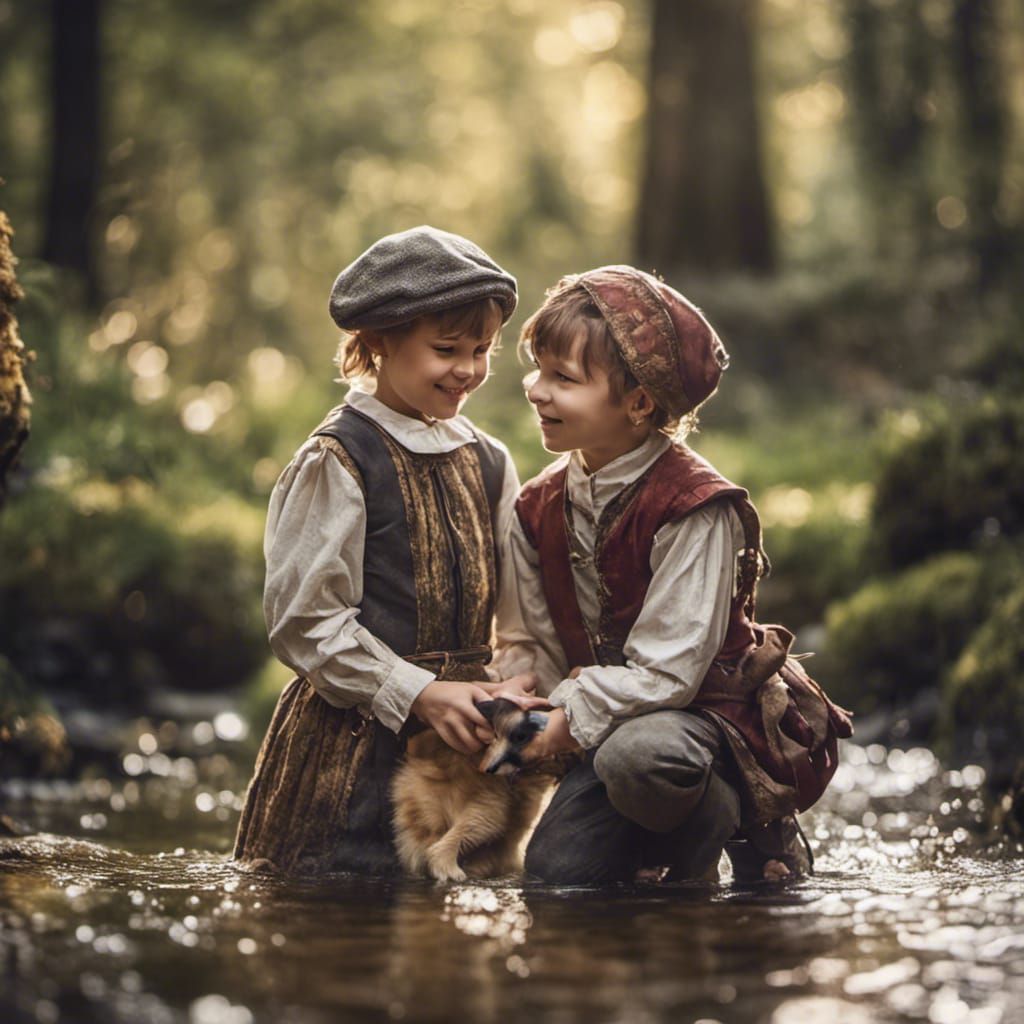 Children Playing by Stream in Medieval Style