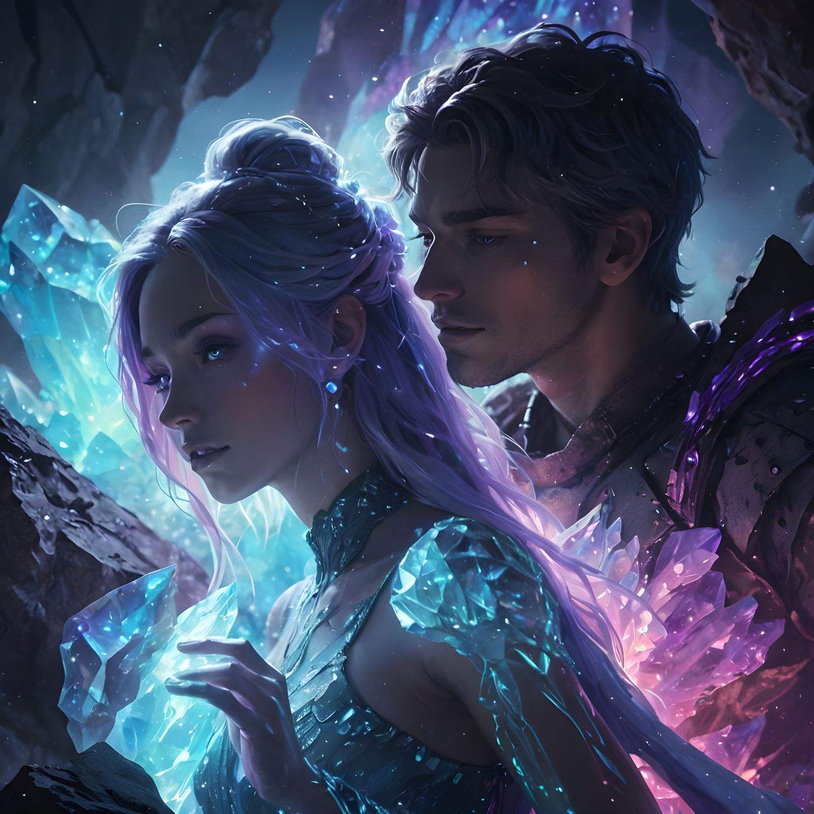Iridescent Couple Dancing Among Bioluminescent Crystals