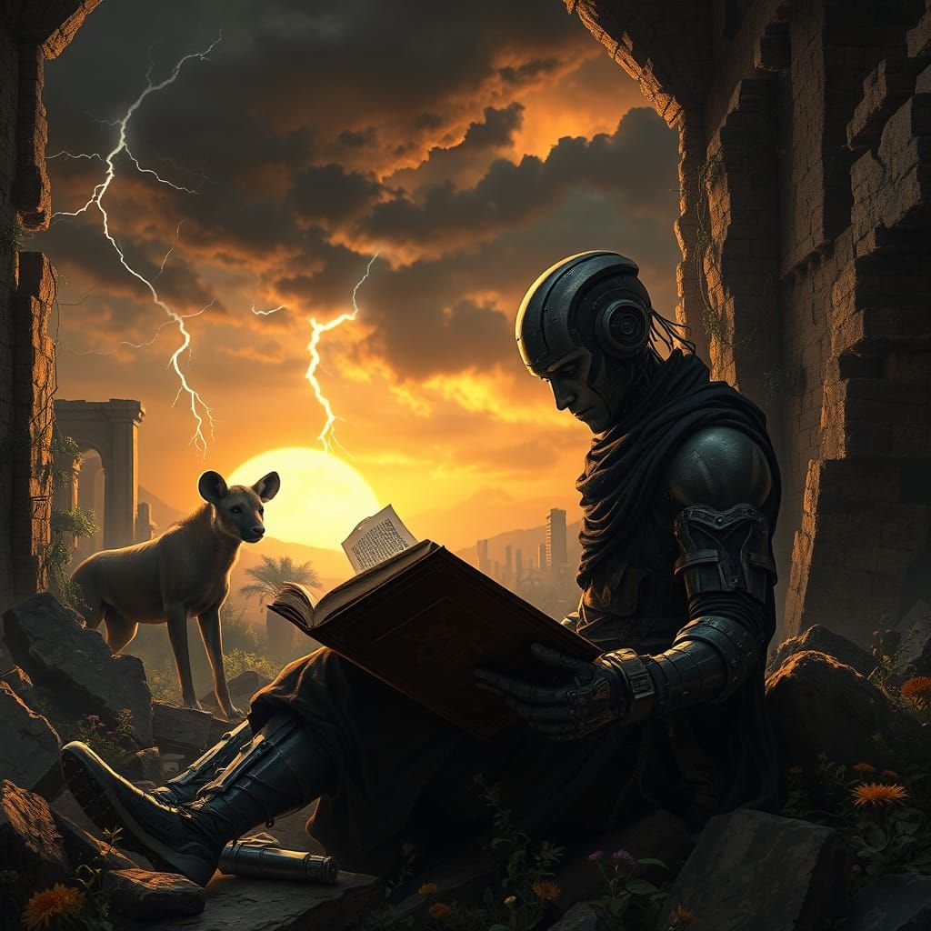 Android Lost in Ruins Amidst Sunset and Stormy Skies