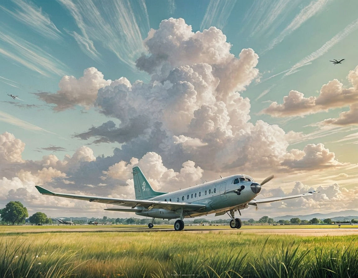Small Plane on Green Airfield with Cumulus Clouds
