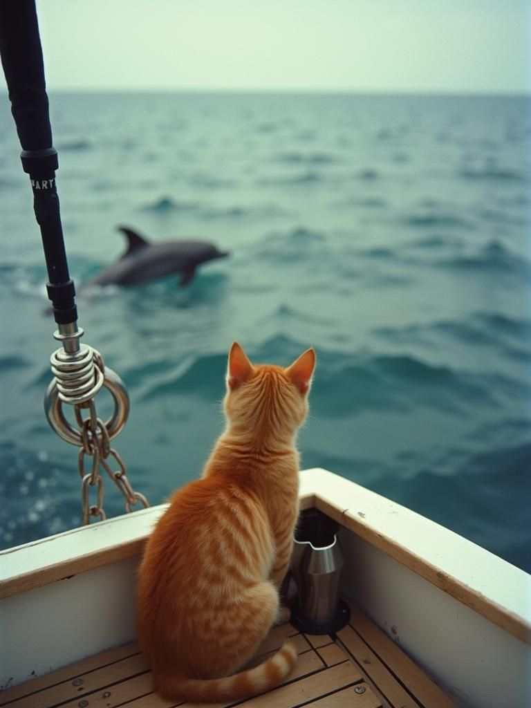 Ginger Kitten Watches Dolphins from Yacht
