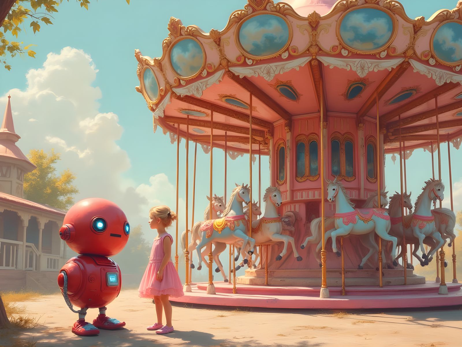 Blonde Girl and Robot Admire Vintage Carousel