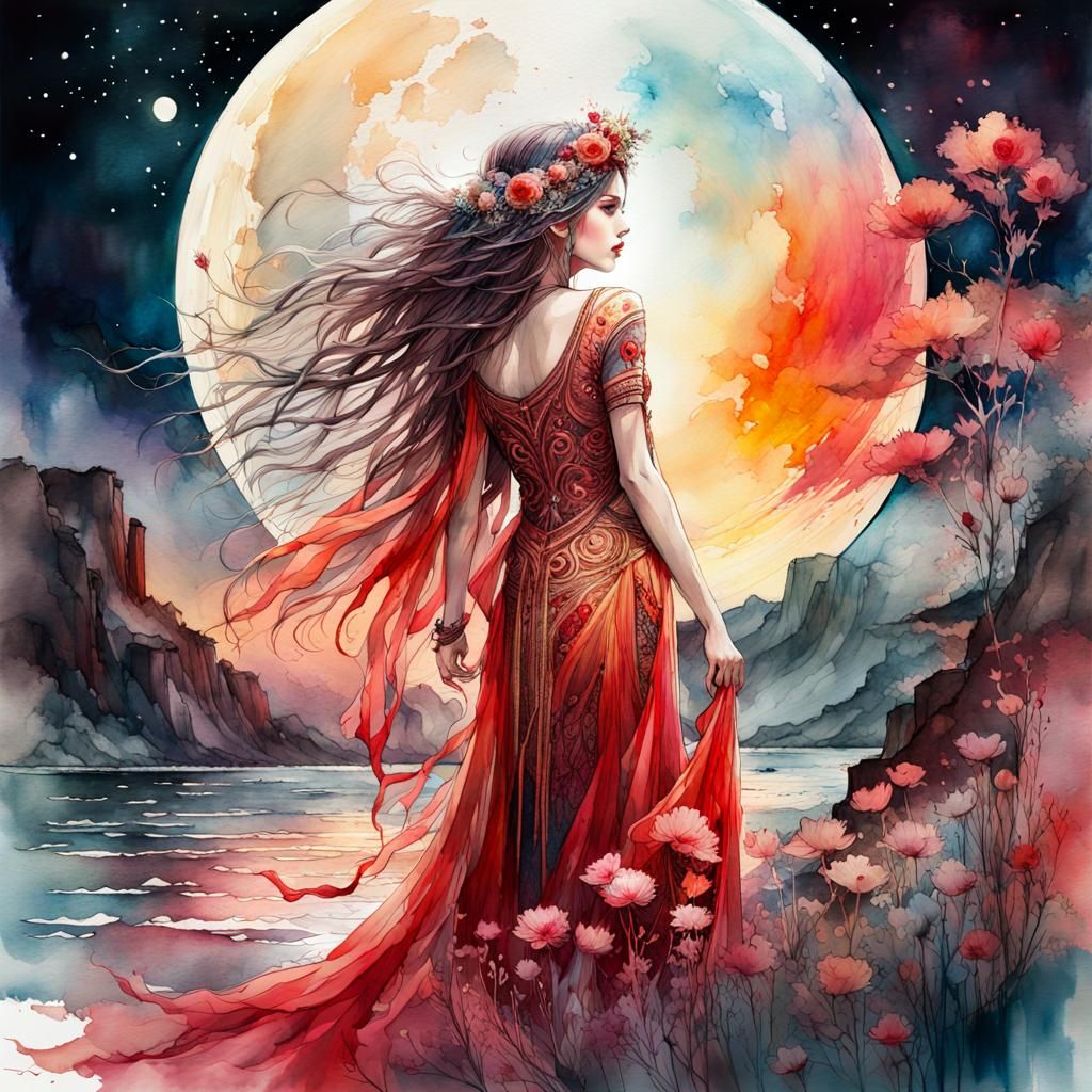 Bloodmoon Summerscape: Digital Watercolor Illustration