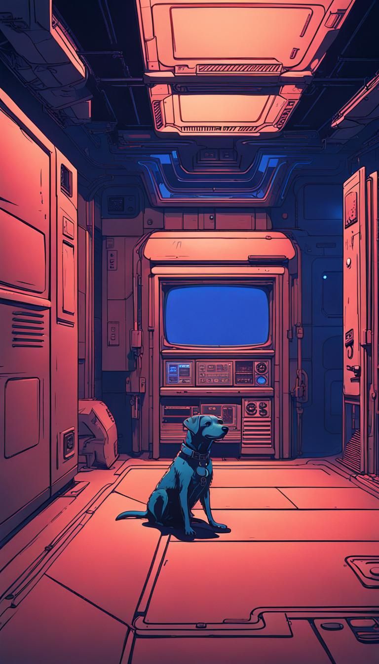 Dog on Spaceship in Cyberpunk Neon Style