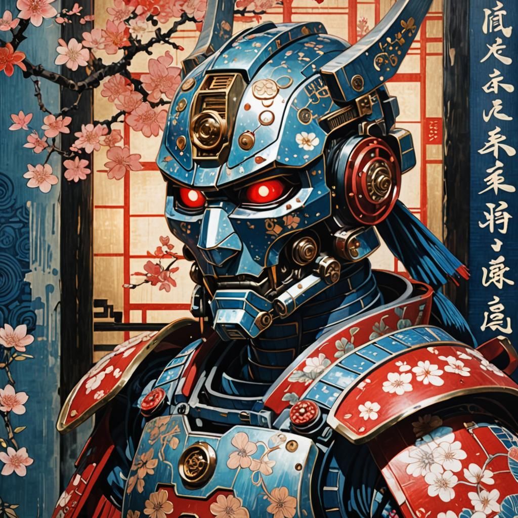 Robot Samurai in Ukiyoe Style Forge