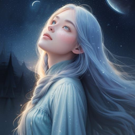 Dreamy Girl Reaching for the Moon in Watercolor