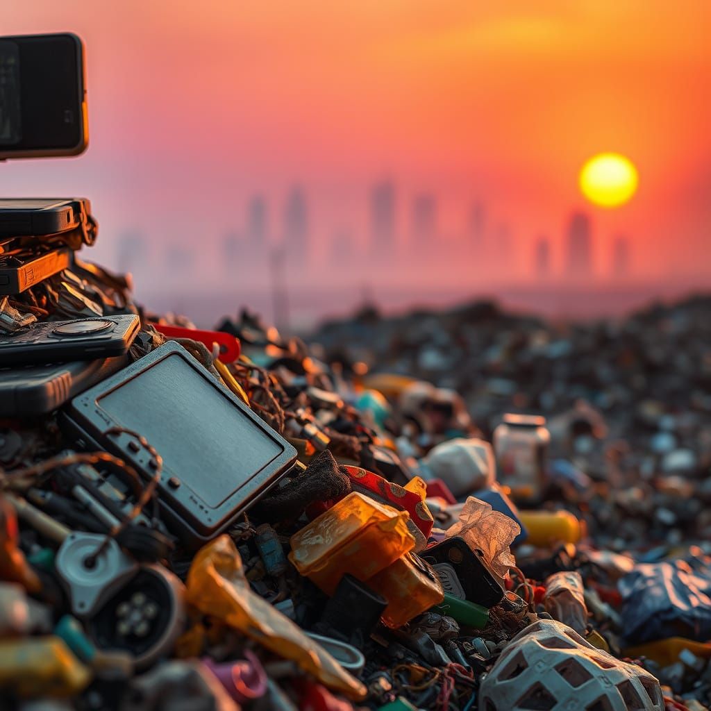 Dystopian Landfill Scene in Vibrant Orange and Purple Light