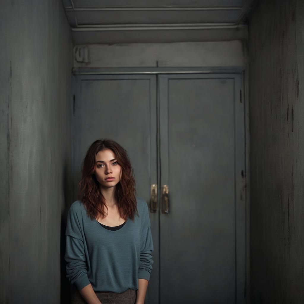Young Woman Alone in a Dark Room