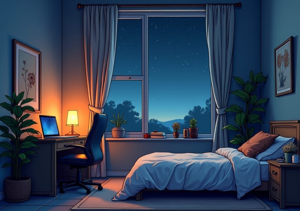 Cozy Bedroom at Twilight in Comic Illustration Style