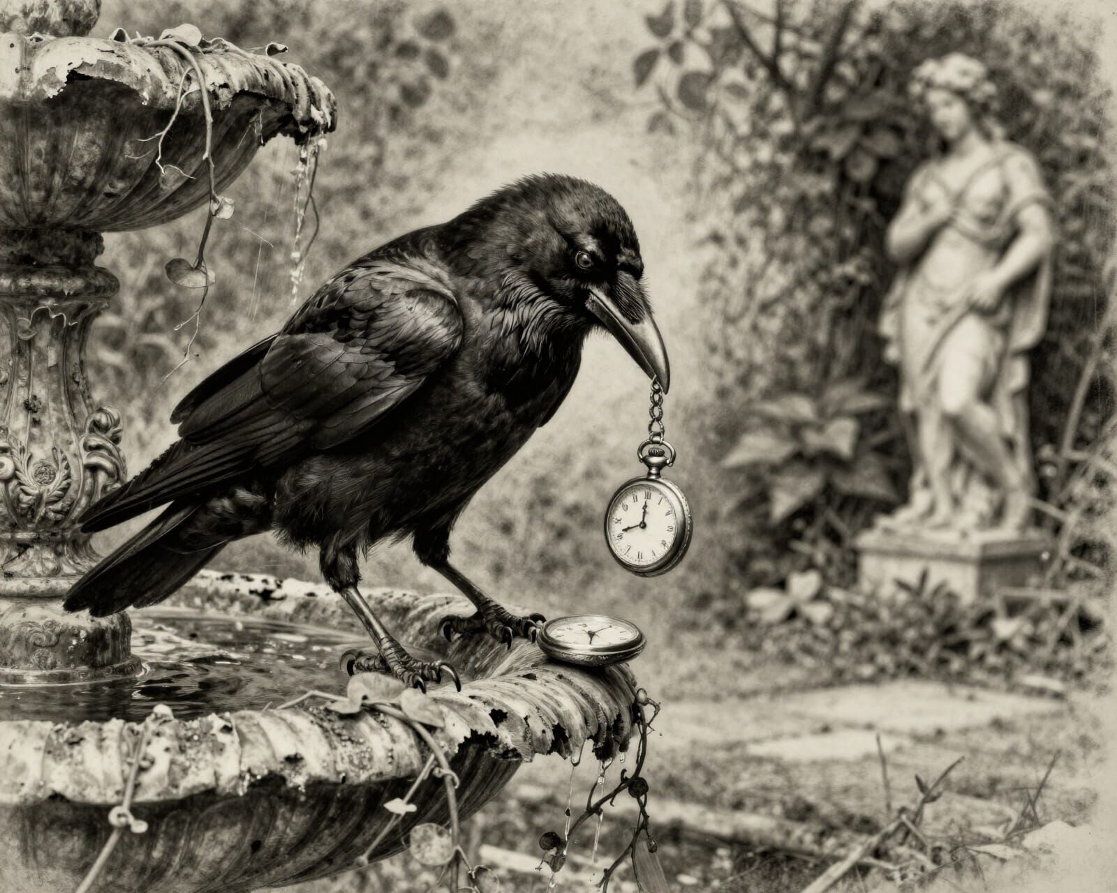 Mischievous Raven Examines Pocket Watch in Charcoal Drawing