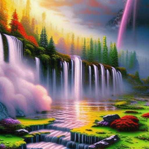 Epic Waterfall in Tempest: Hyperrealistic Acrylic Fantasy