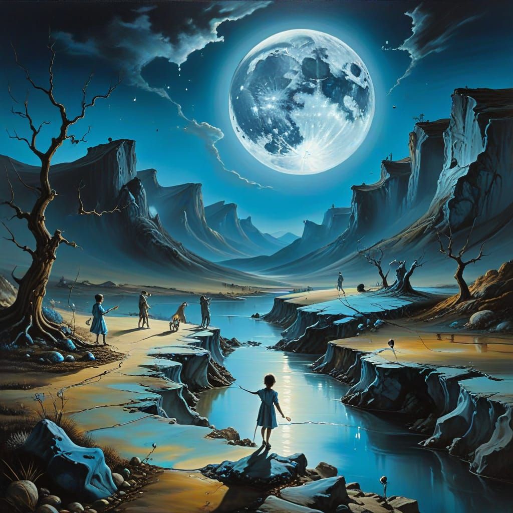 Surreal Oil Painting of Children Playing Under a Full Moon