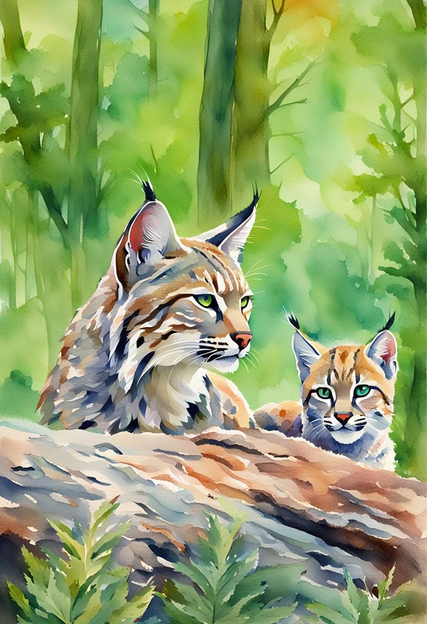 Retro Watercolor Poster of Bobcat Mother and Kit