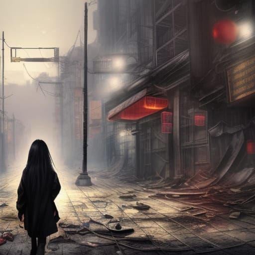 Neon Cityscape Aftermath: Detailed Matte Painting