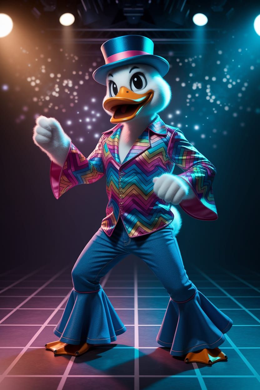 Disco Duckling in 1970s Outfit Dancing