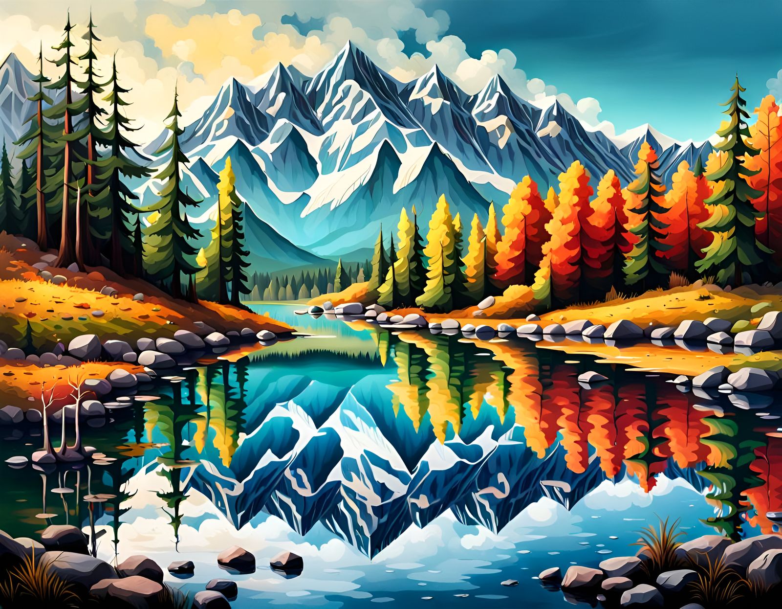 Splendid Mountain Lake in Graffiti Art Style
