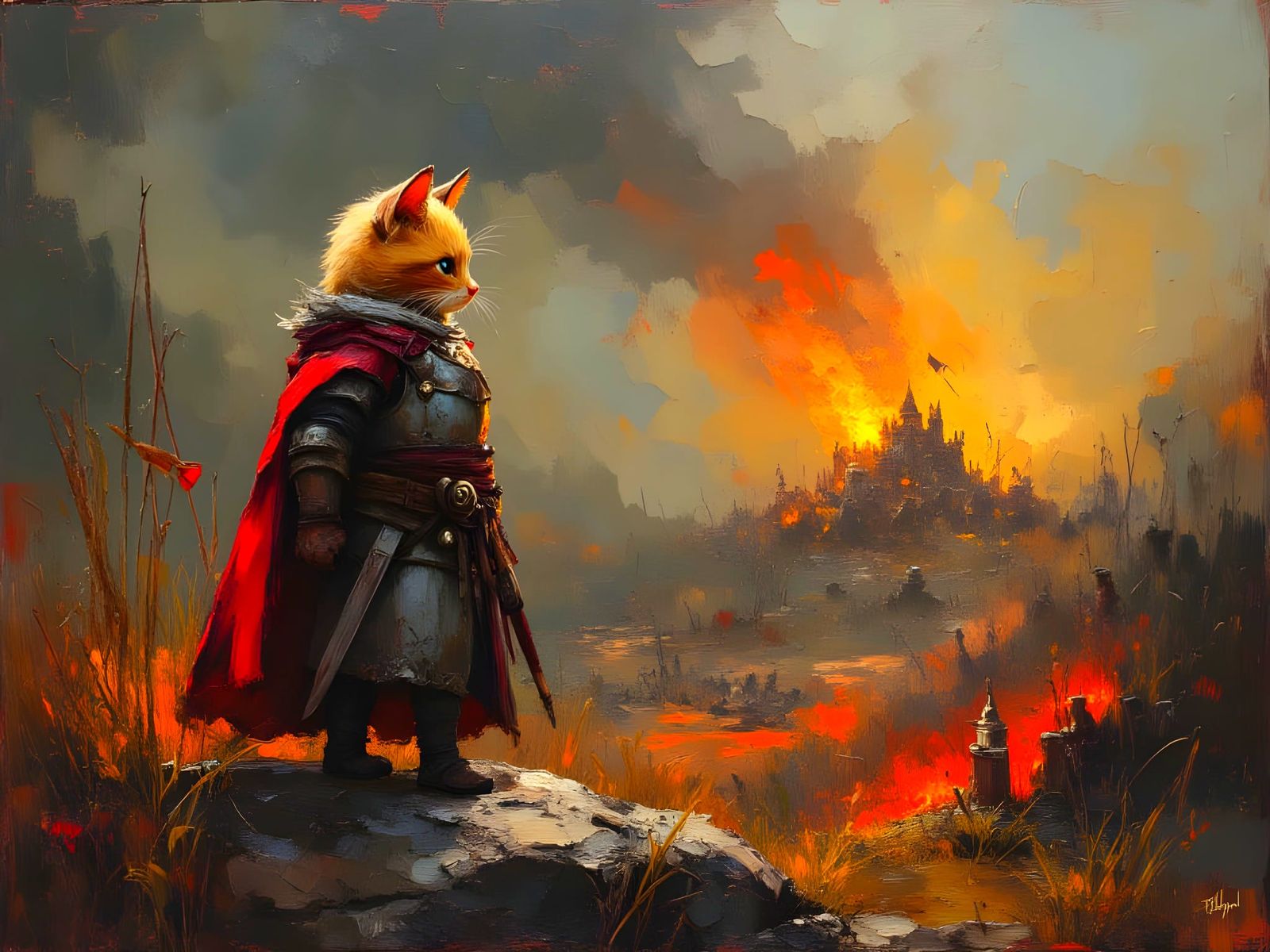 Kitten Noble Observes Burning Battlefield as Hand-Painted Sc...