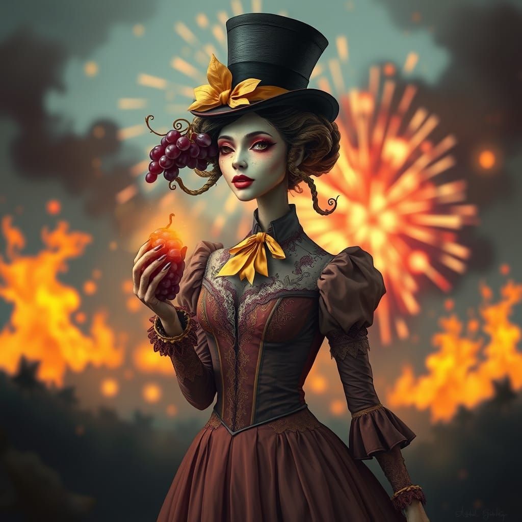 Surreal Woman Adorned with Mutated Foods in Victorian-Era In...