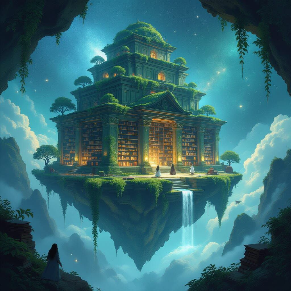 Ancient Library on Floating Island in Nebula