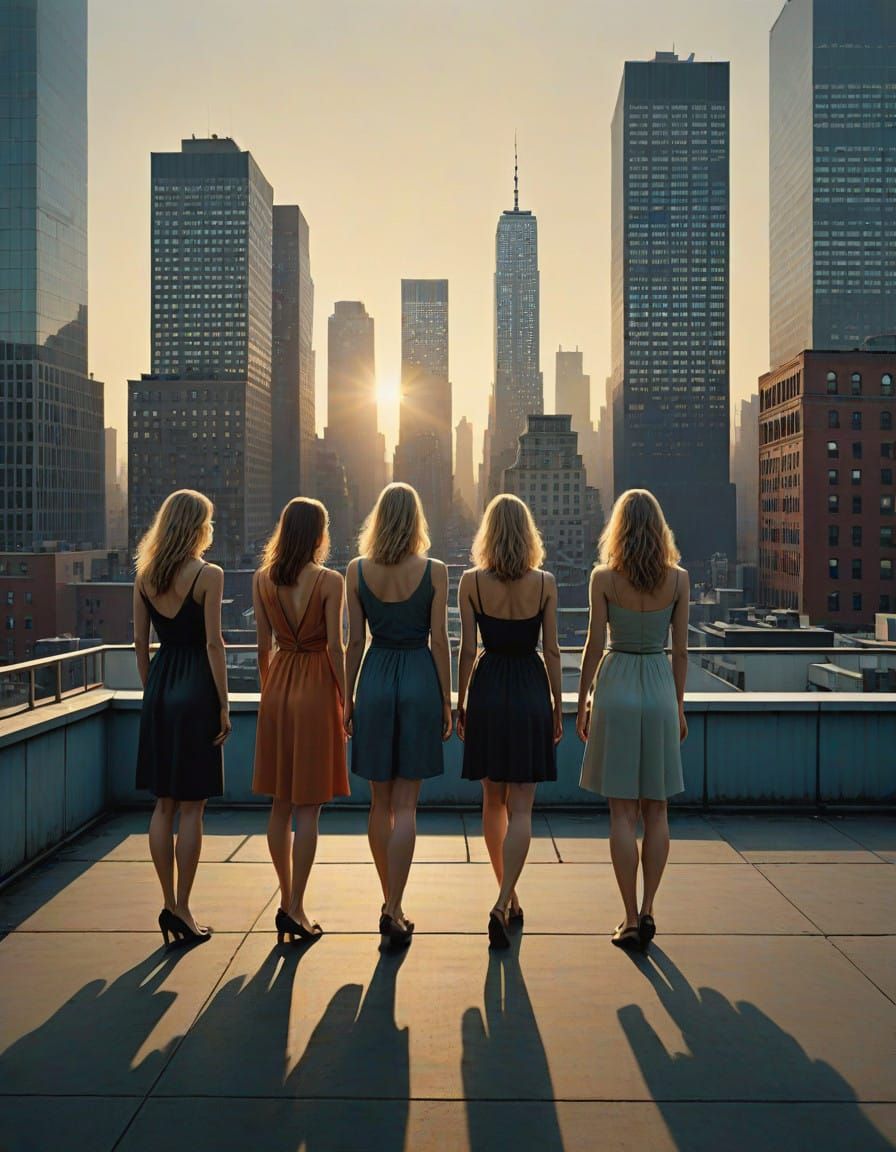 Confident Women in Sunset Harmony on NYC Rooftop in Hyper-Re...