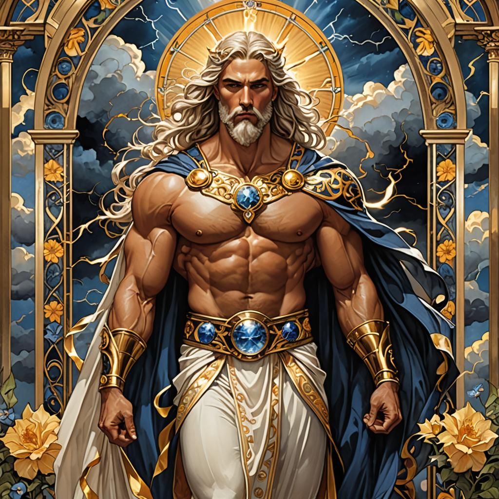 Zeus, in the style of JC Leyendecker, gold art nouveau…