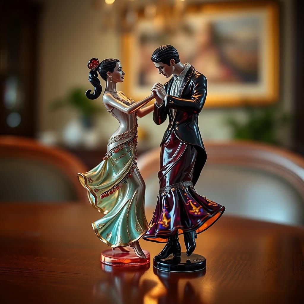 Enameled Glass Flamenco Dancers on Wooden Table