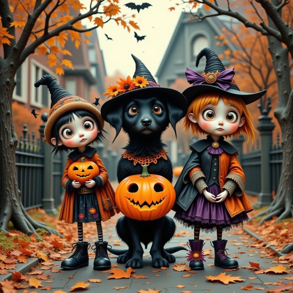 Tim Burton Style Halloween Scene With Black Lab Puppy