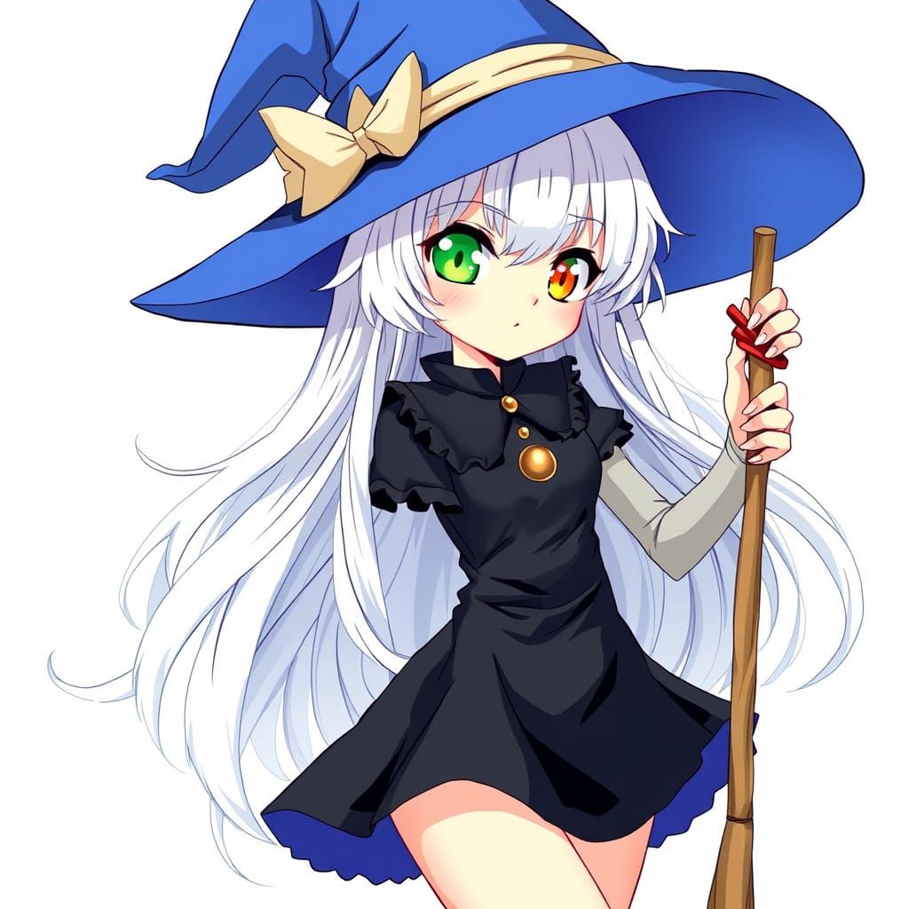 Manga-Inspired Witch in Elegant Black Dress with Broom