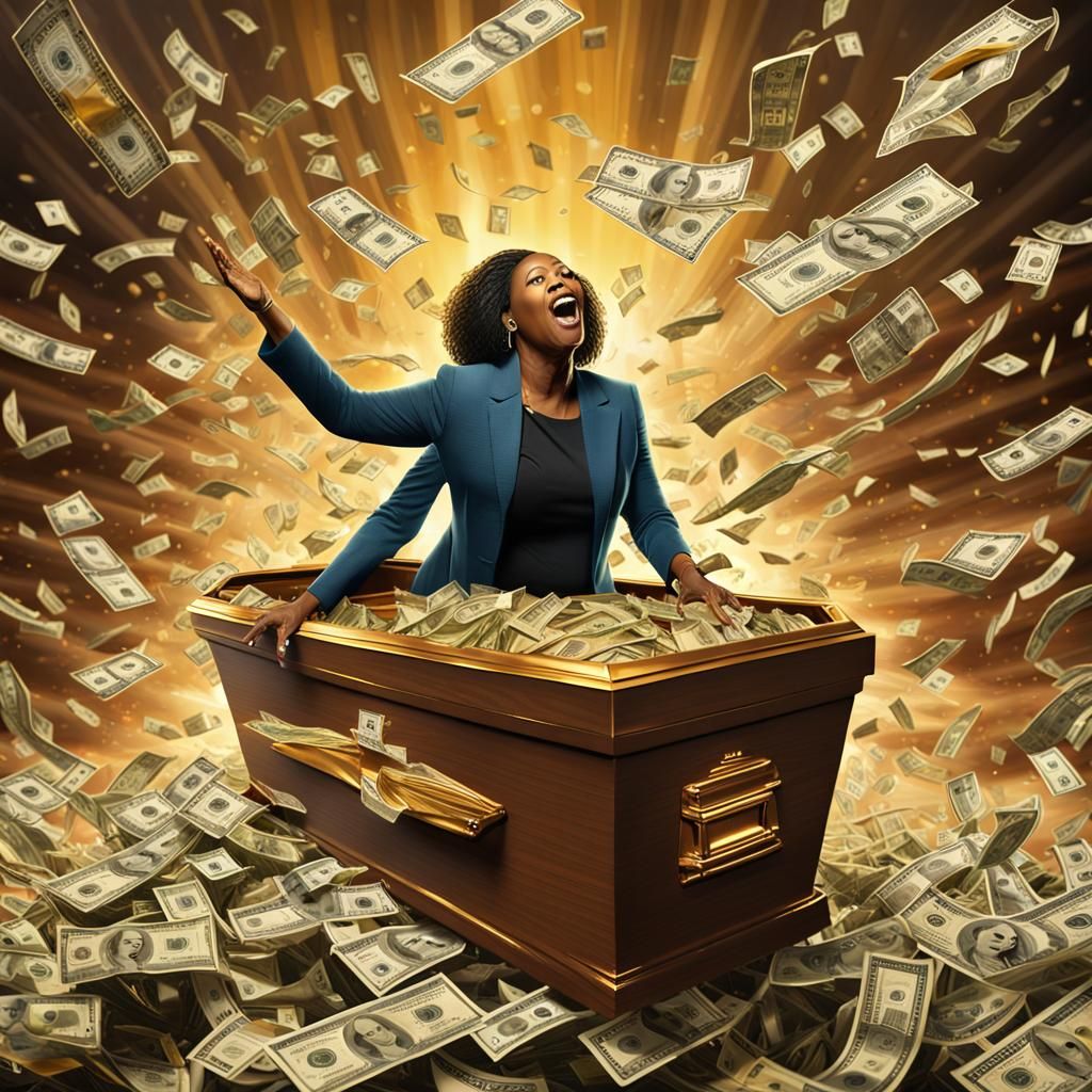 Woman in Flying Coffin Drops Money: Hyperrealistic Art