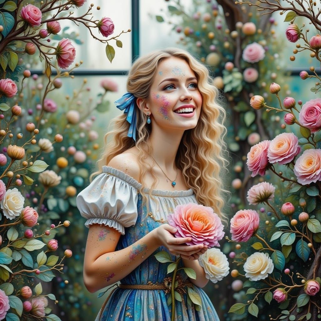 Fae Witch in Greenhouse with Whimsical Ink Style