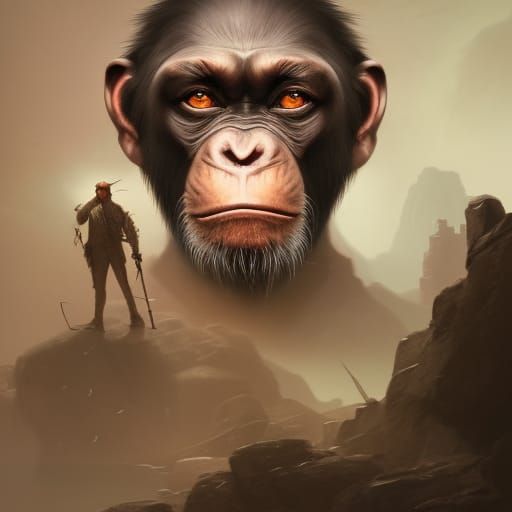 Chimpanzee Professor Loads Hunting Rifle in Digital Art