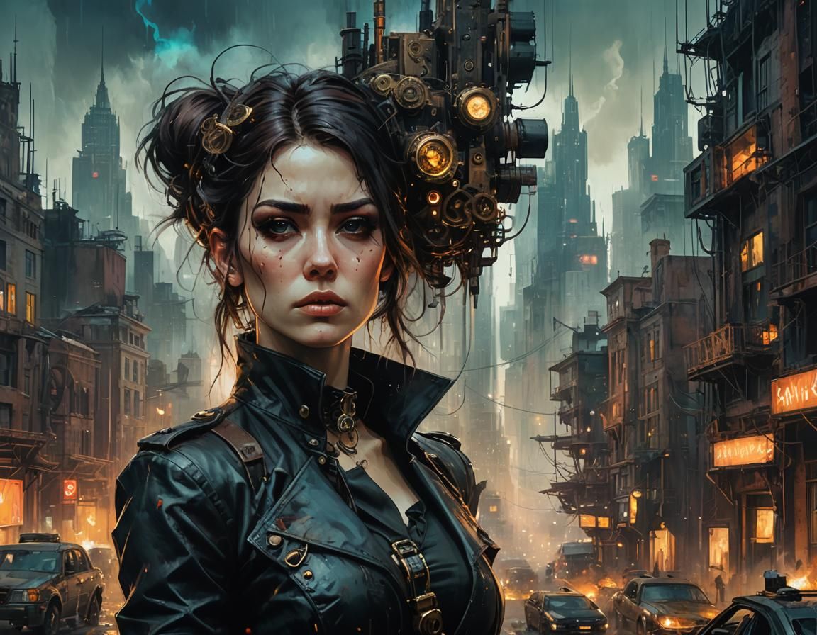 Steampunk Woman in a Surreal Industrial Cityscape