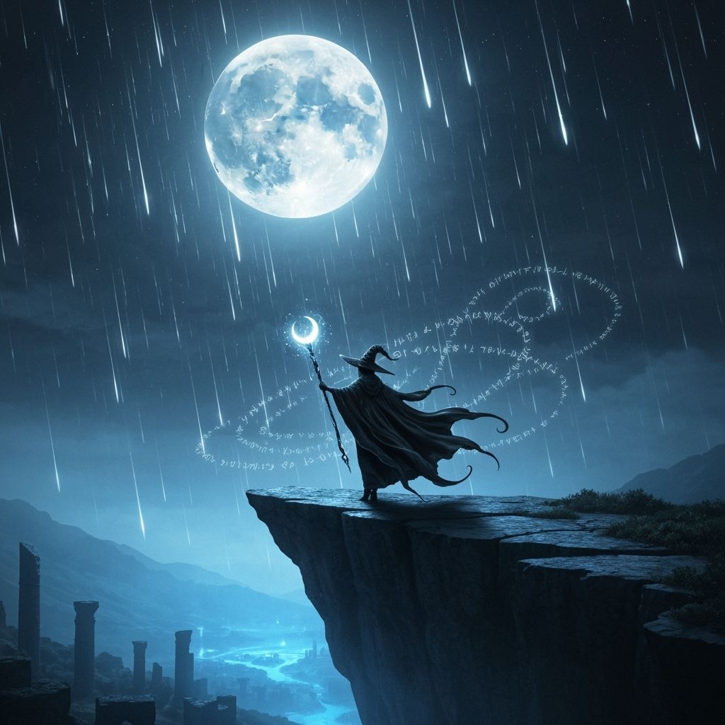 Solitary Witch on Floating Cliff Under Broken Moon