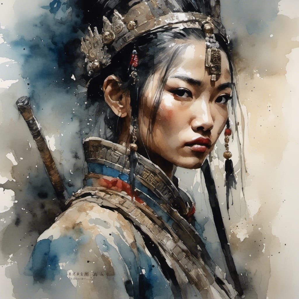 Miao Warrior Portrait in Muted Watercolor Style
