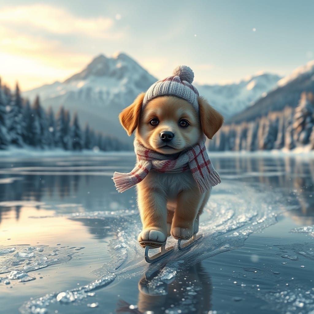 Whimsical Puppy Glides on Ice in a Fantasy Landscape