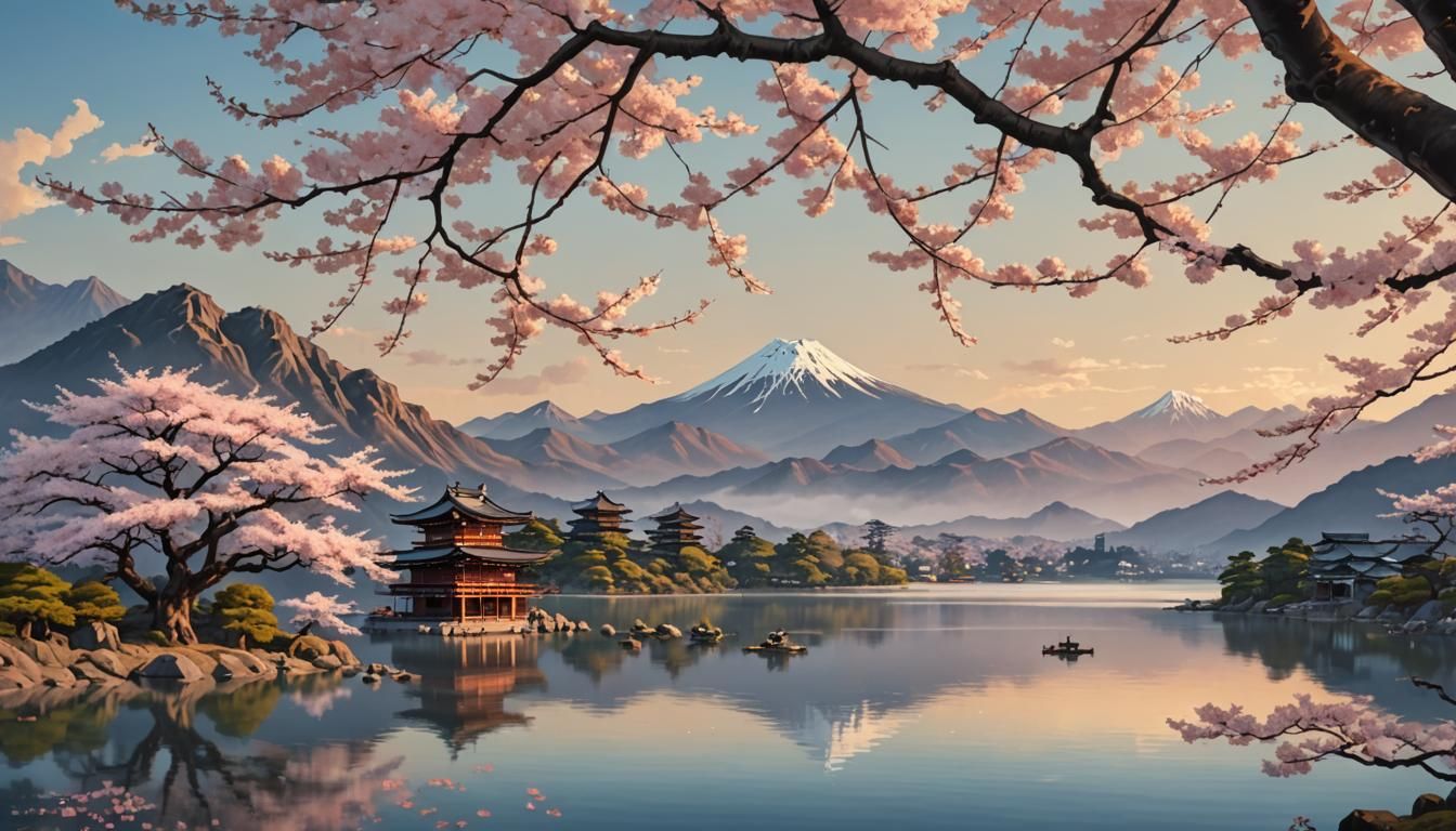 Sakura Tree with Temple in Ukiyo-e Style