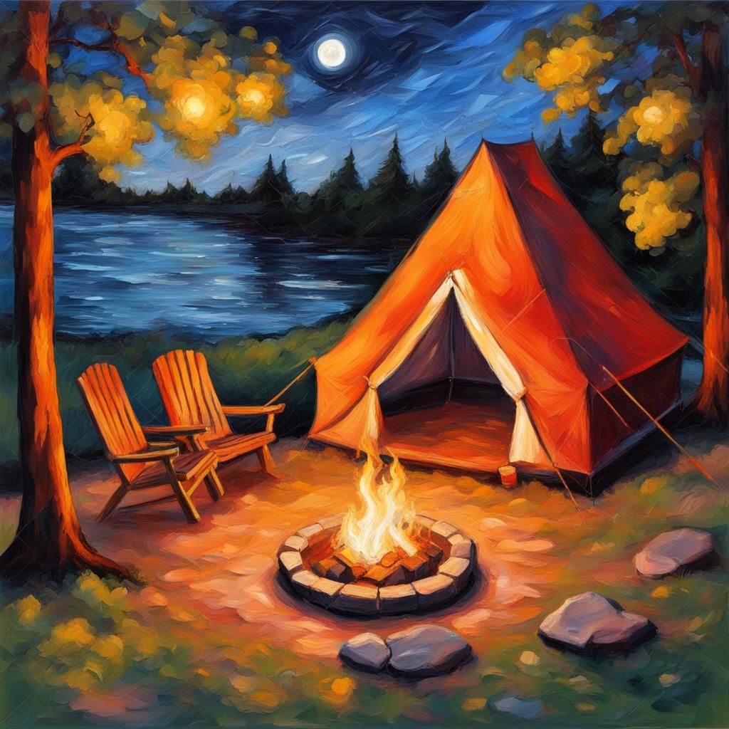 Backyard Glamping Under Moonlight in Expressionist Style
