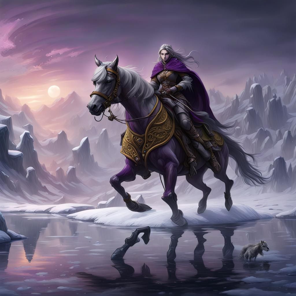 Fantasy ranger riding horse over frozen lake, snowing, grey skies a masterpiece, 8k resolution, dark fantasy concept art...