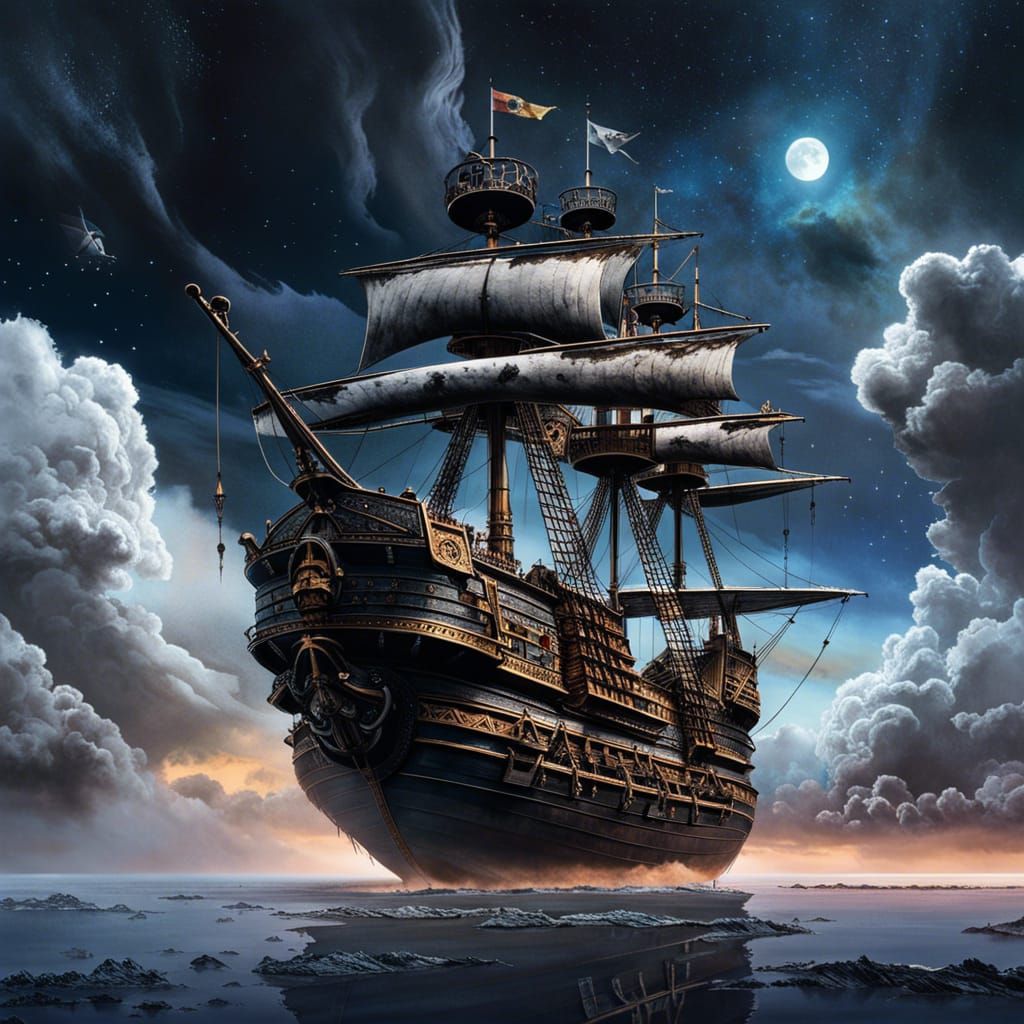 Galleon Sailing in Clouds: Charcoal Fantasy Art